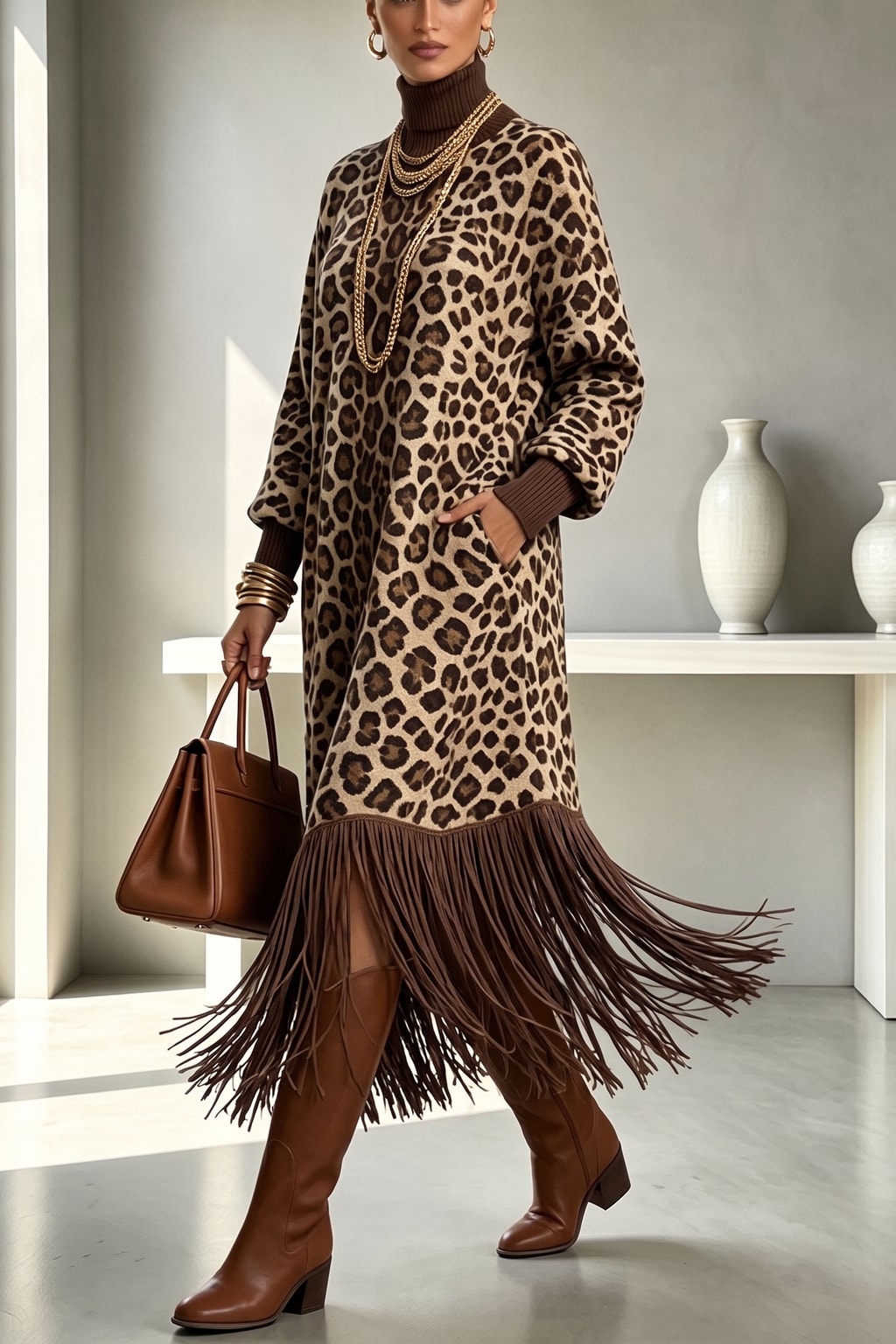 Polyester Midi Dress With Leopard Print Detail - 3