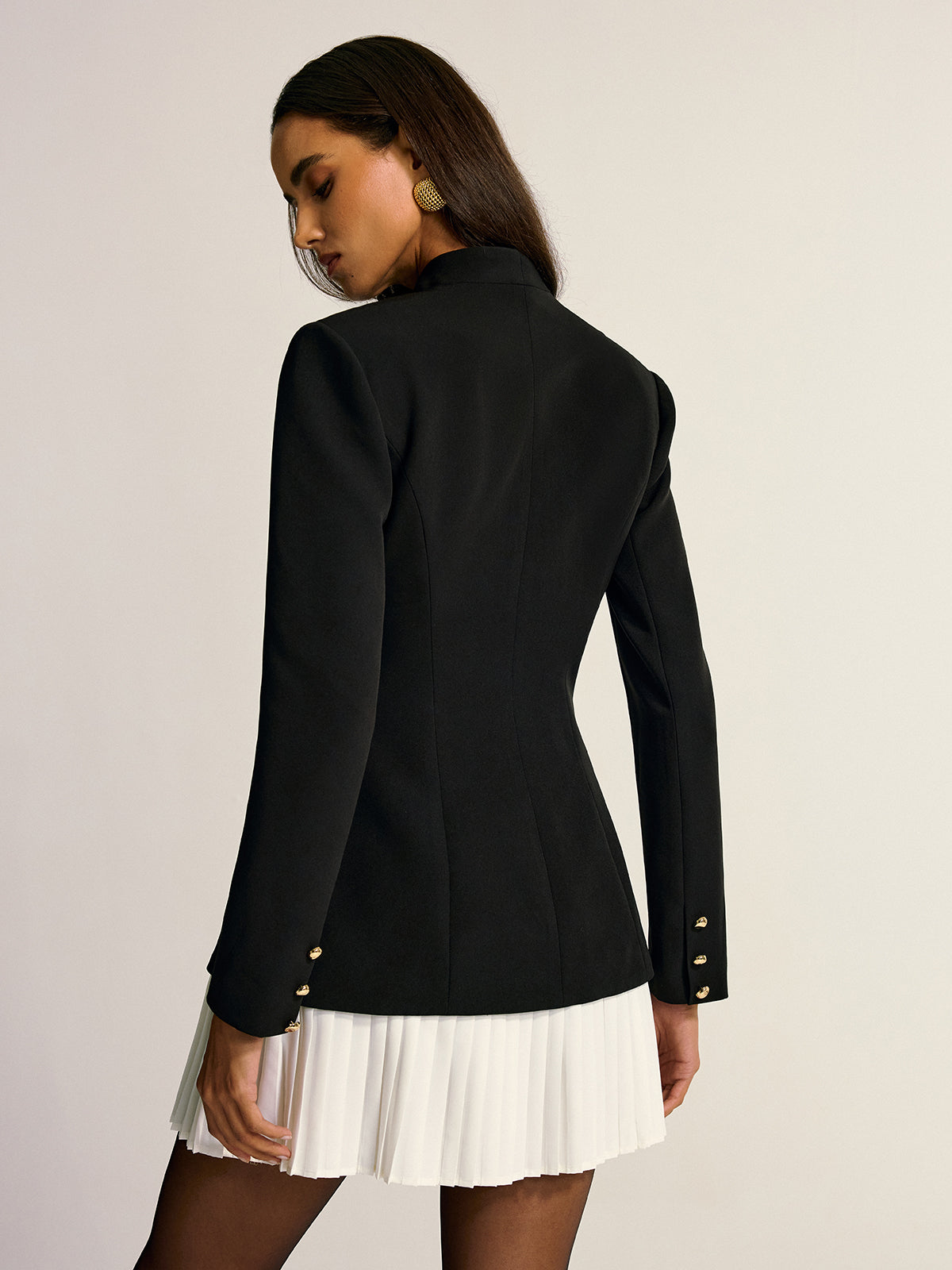 Black woven blazer dress with pleated hem - view 4