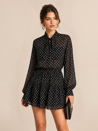 Black Polka Dot Chiffon Top and Skirt Set - view 2