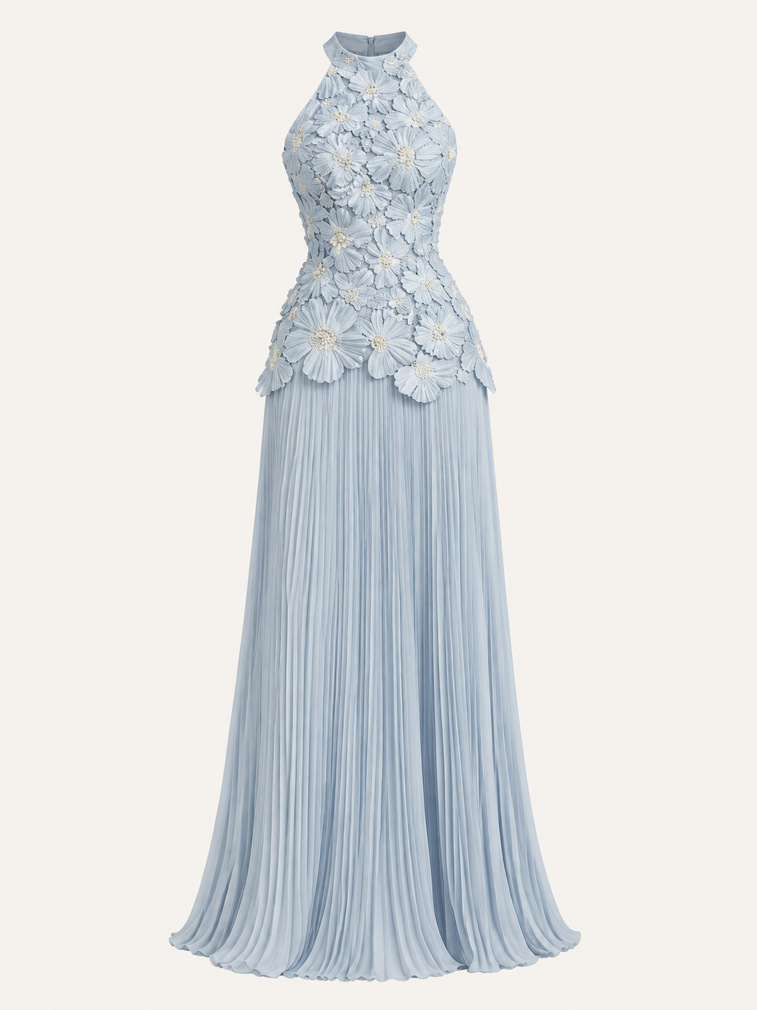Blue Chiffon Halter Maxi Dress, Floral Embroidery