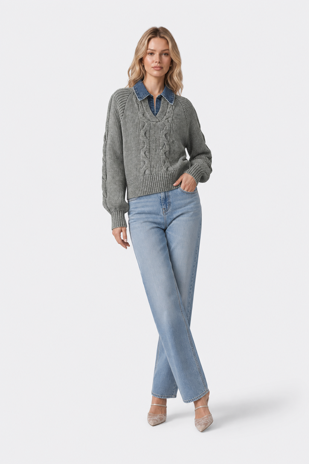 Denim Panel Sweater with Ribbed Lapel - view 2