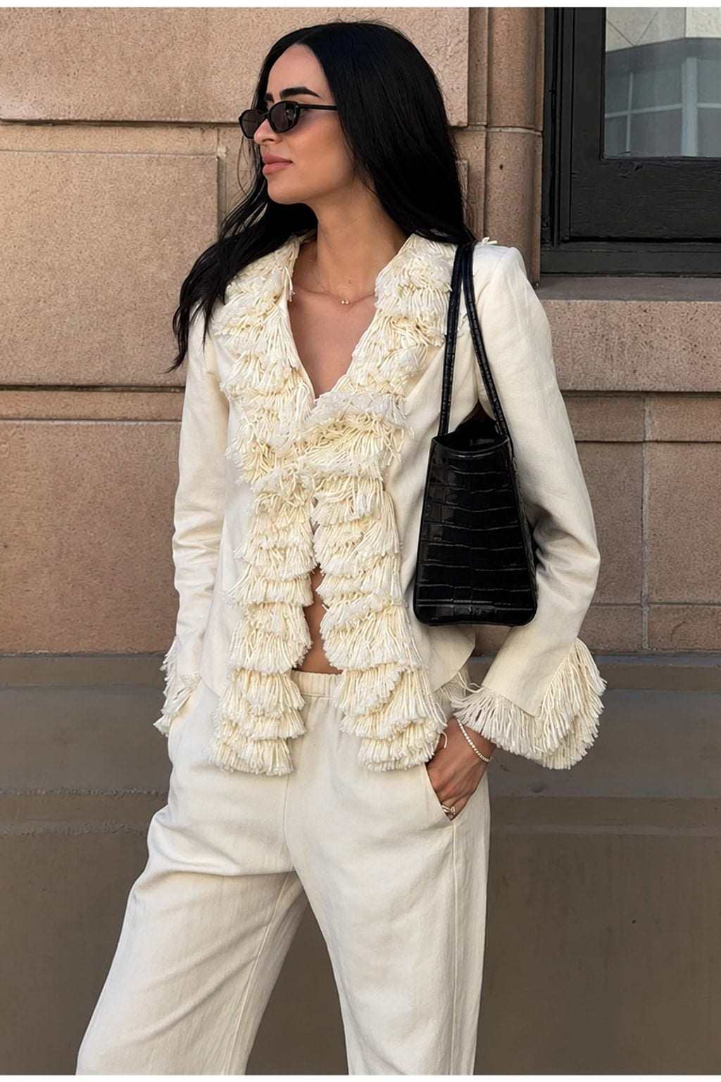 Polyester Blazer Jacket With Puff Sleeves And Tassel Detail - 2