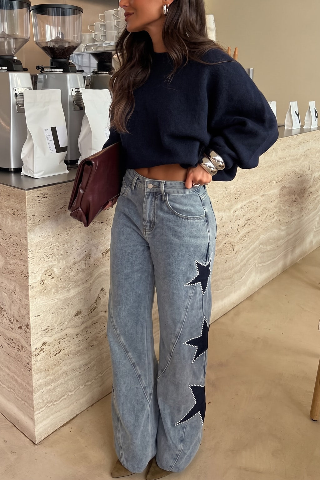 Denim Wide Leg Jeans With Side Star Pocket - 3