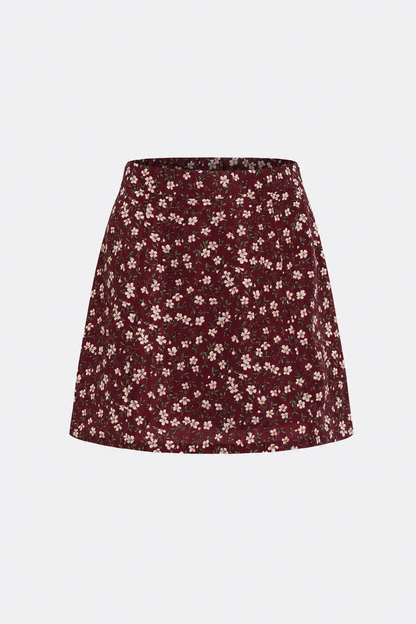 Red Floral A-Line Mini Skirt, Elastic Waist