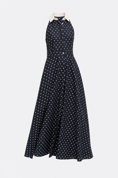 Navy Polka Dot Cotton Linen Maxi Dress