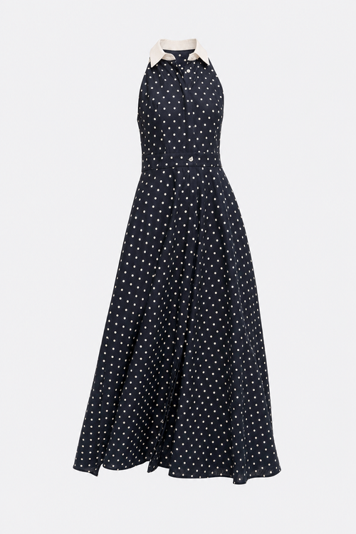 Navy Polka Dot Cotton Linen Maxi Dress