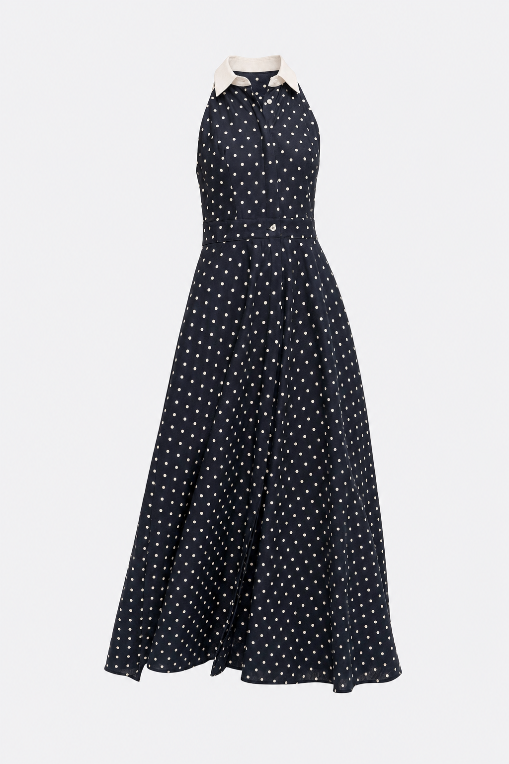 Navy Cotton Linen Polka Dot Maxi Dress - 1