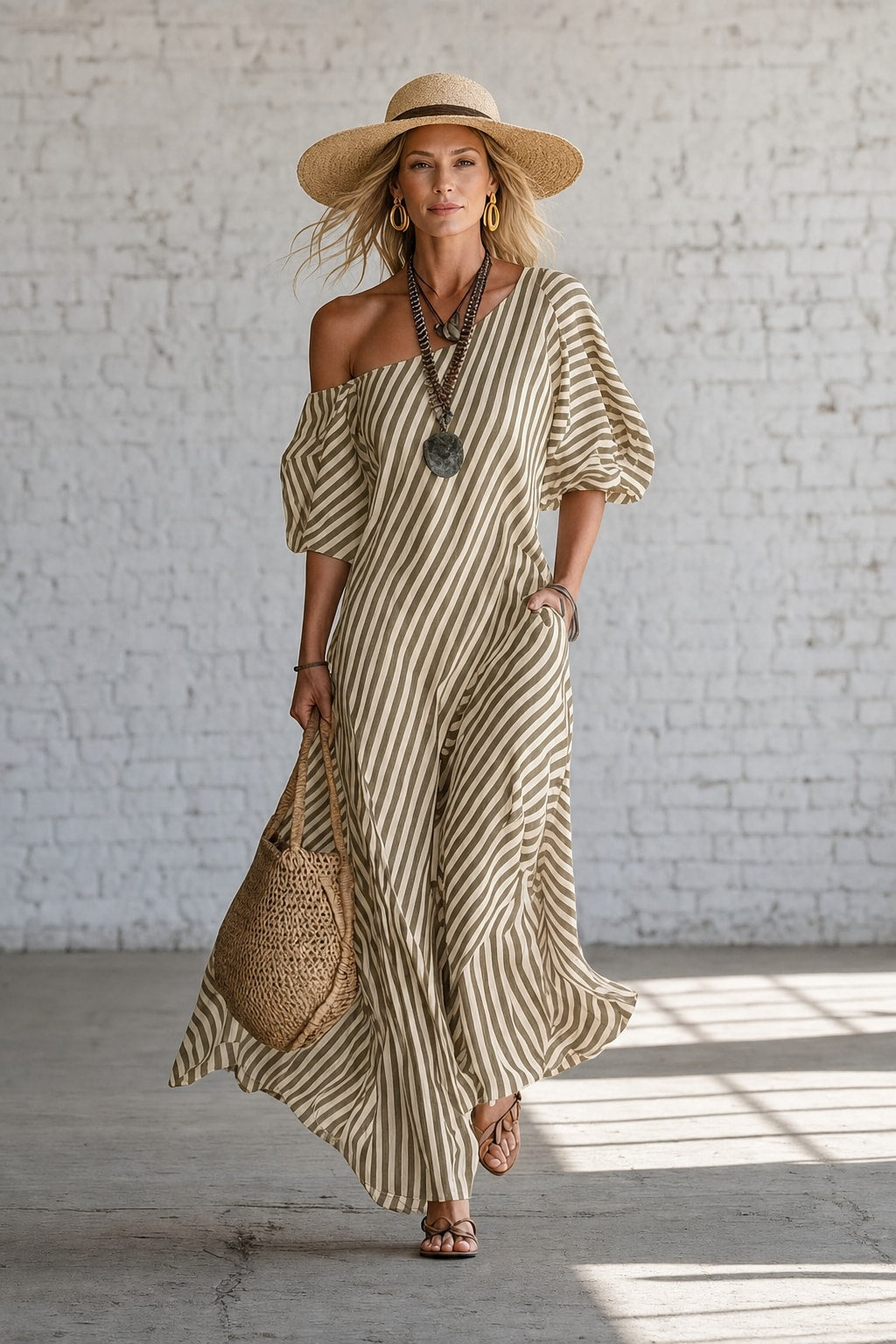 Striped Off-Shoulder Maxi Dress - 8