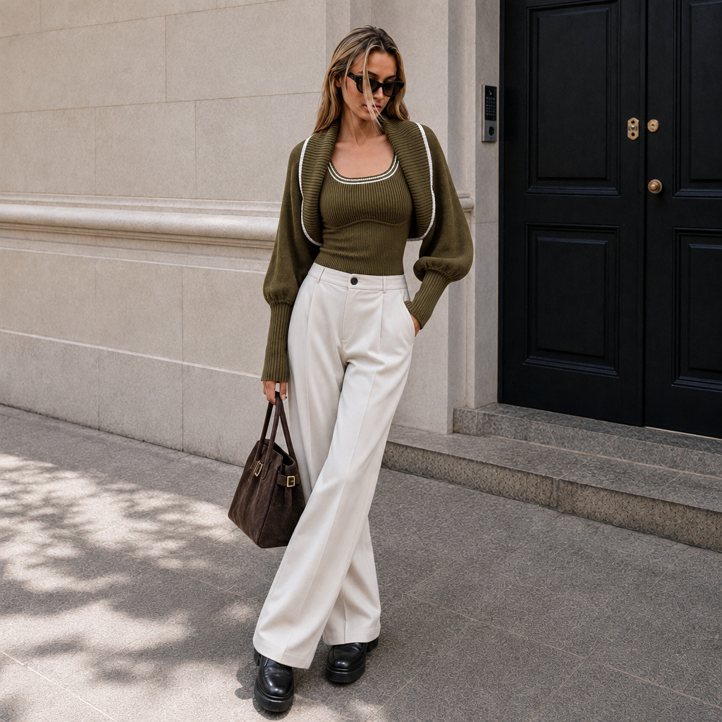 Olive wool blend shrug and tank top set - view 4