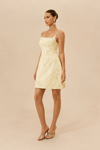 Apricot Floral Lace Mini Dress, Spaghetti Straps - view 5