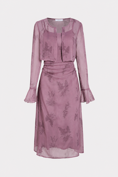 Purple Floral Ruched Slip Midi Dress