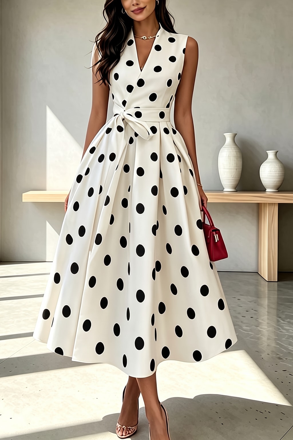 Polyester Midi Dress With Polka Dot Print - 4