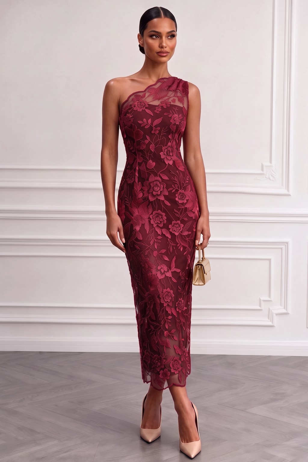 Lace One-Shoulder Sheath Midi Dress - 6