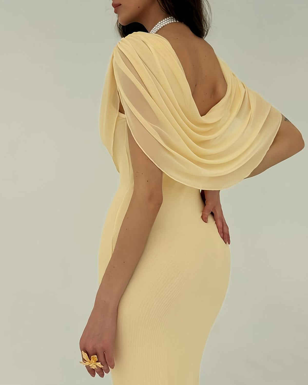 Yellow cowl neck maxi dress with pleated waist - view 4