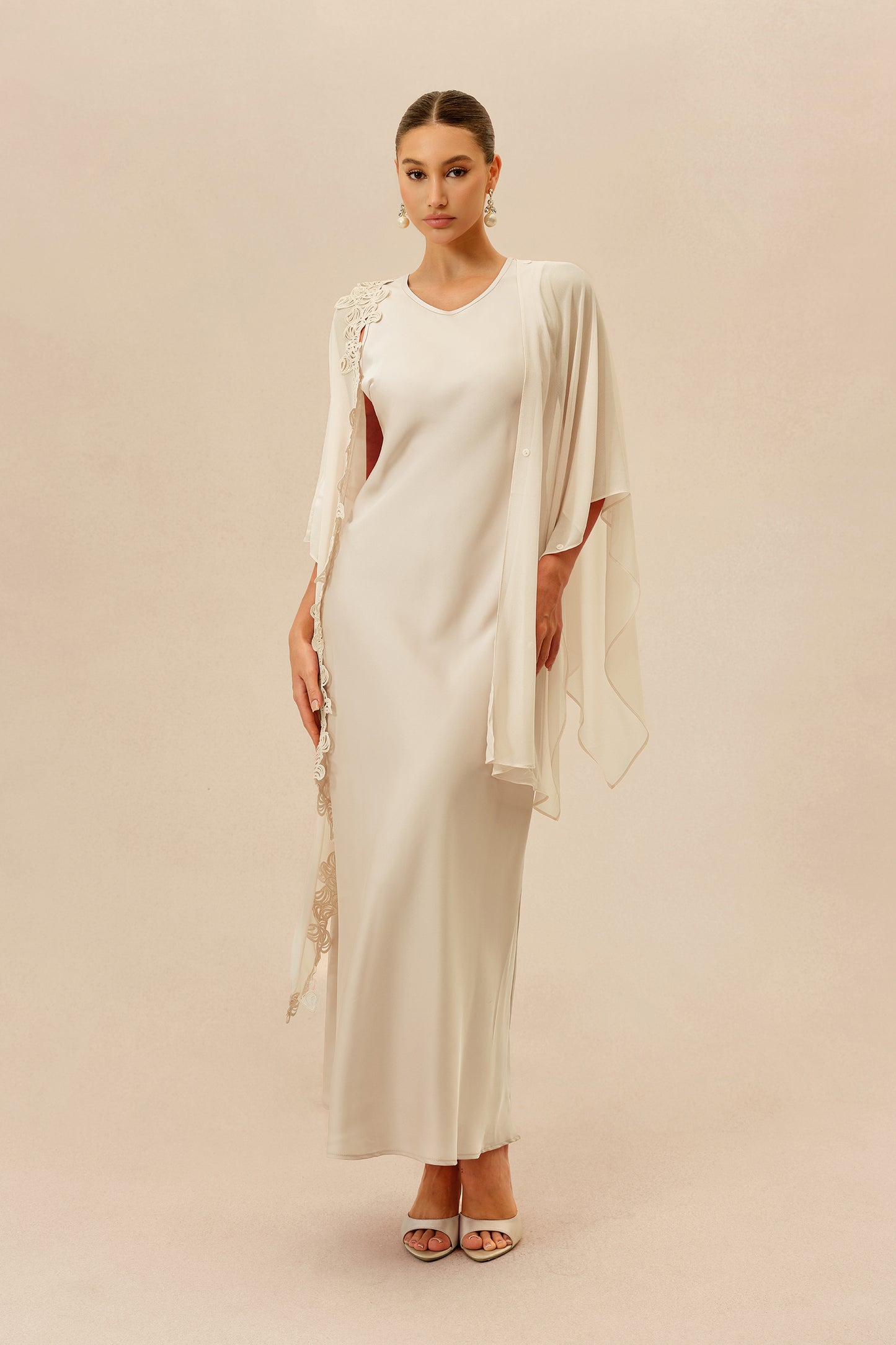 Beige Maxi Dress with Lace Cape Overlay - view 2