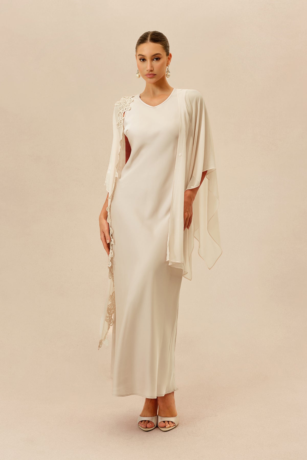 Beige Maxi Dress with Lace Cape Overlay - view 2