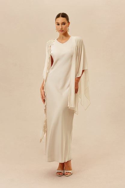 Beige Maxi Dress with Lace Cape Overlay - view 2