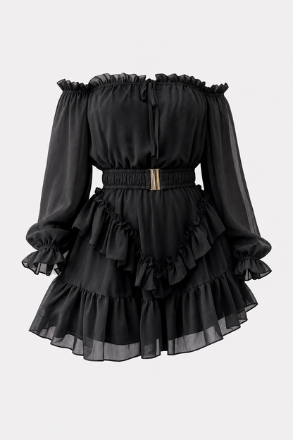 Off-Shoulder Chiffon Mini Dress with Ruffle Hem - view 6