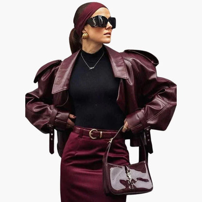 Belted Cropped Leather Biker Jacket in Brown - view 2