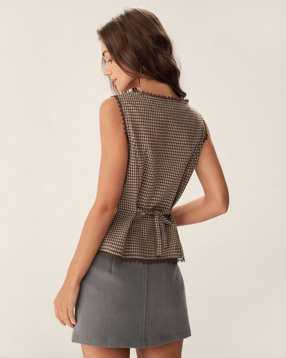 Brown Plaid Cotton Vest, Slim Fit - view 3