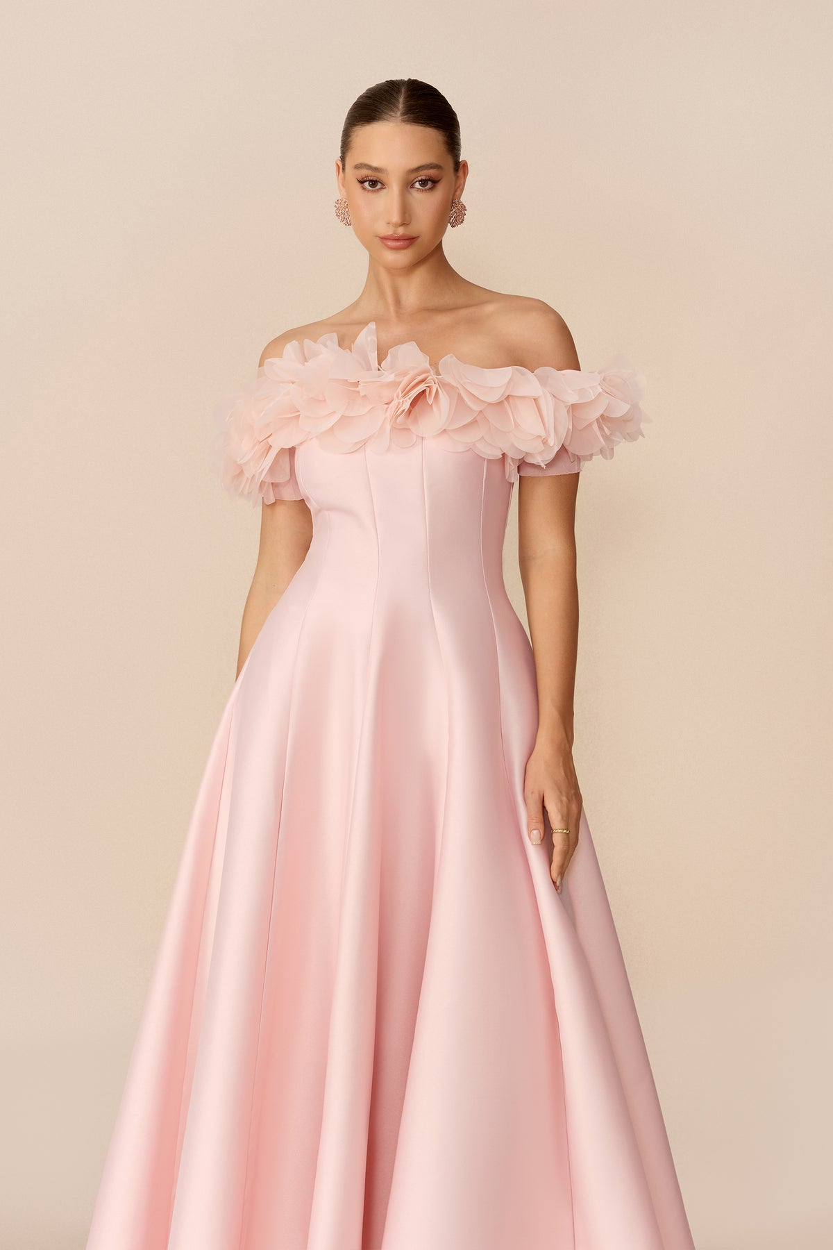 Pink satin off-shoulder maxi dress with floral trim - view 3