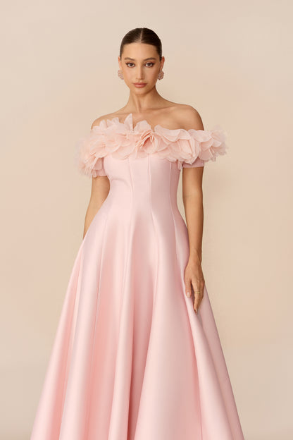 Pink satin off-shoulder maxi dress with floral trim - view 3