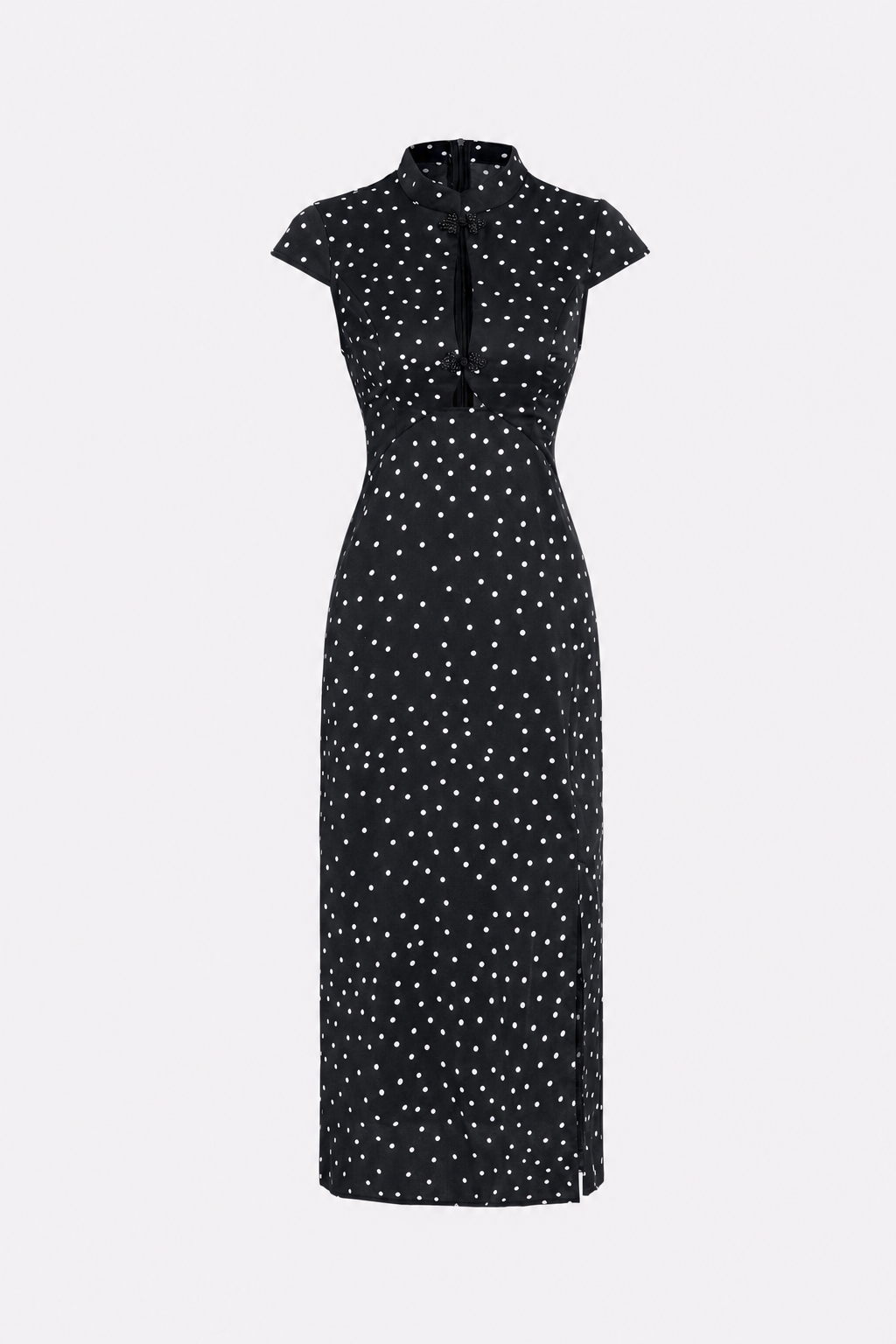 Polka Dot Midi Dress With Mandarin Collar And Cap Sleeves - 1