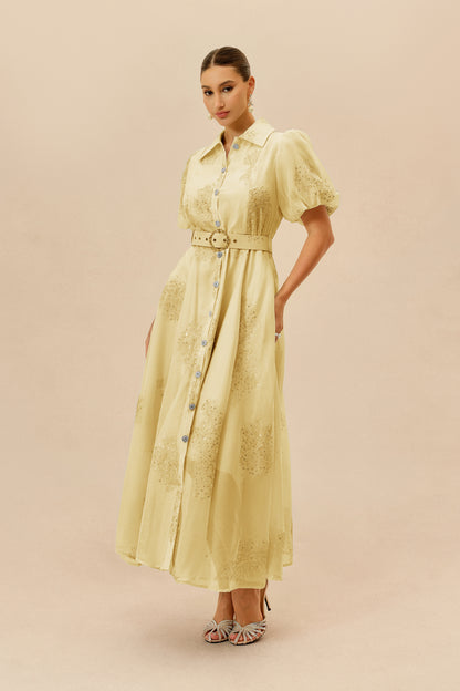 Yellow embroidered puff sleeve maxi shirt dress - view 5