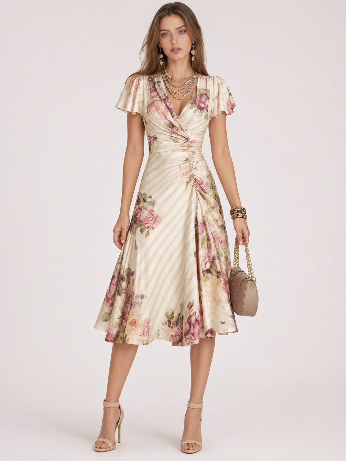 Effortless Floral Wrap Midi Dress With Ruched Waist - 5