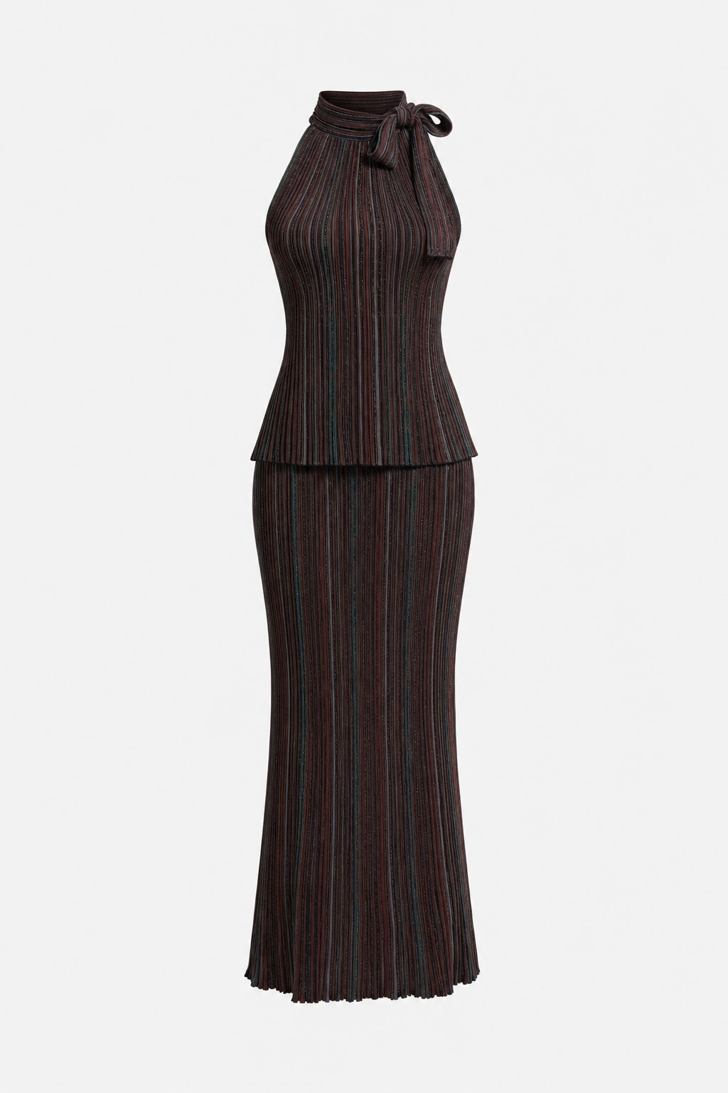 Knit Sleeveless Top And Skirt Set With Vertical Stripes - 1