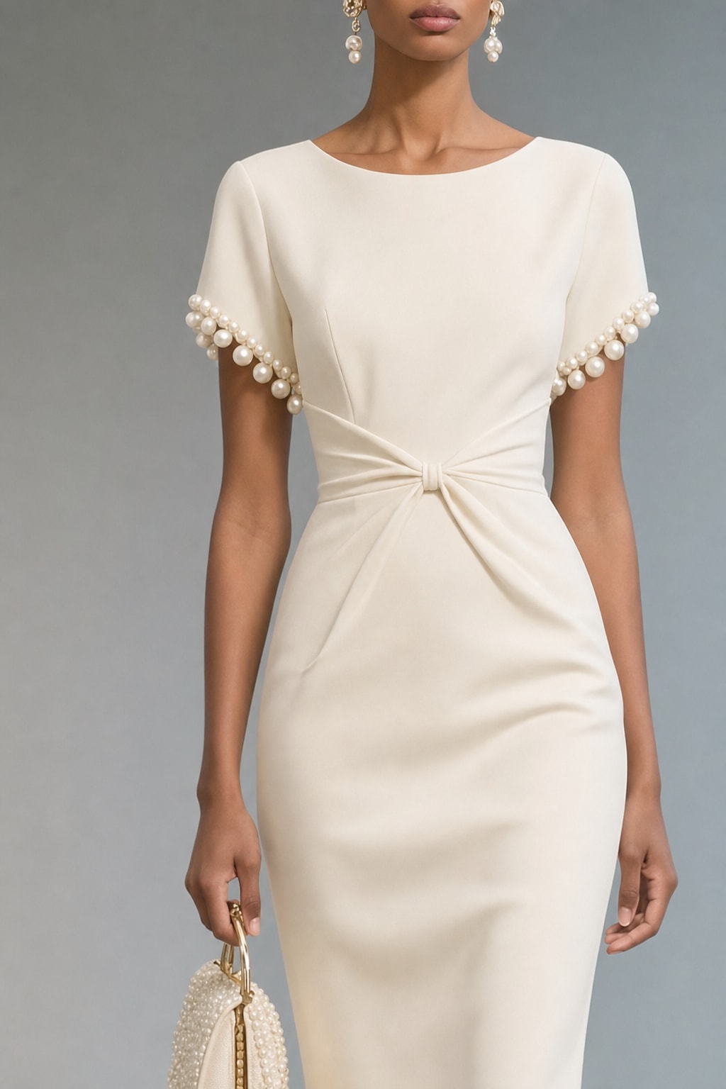 Faux Pearl Knot-Front Boat Neck Sheath Midi Dress - 5
