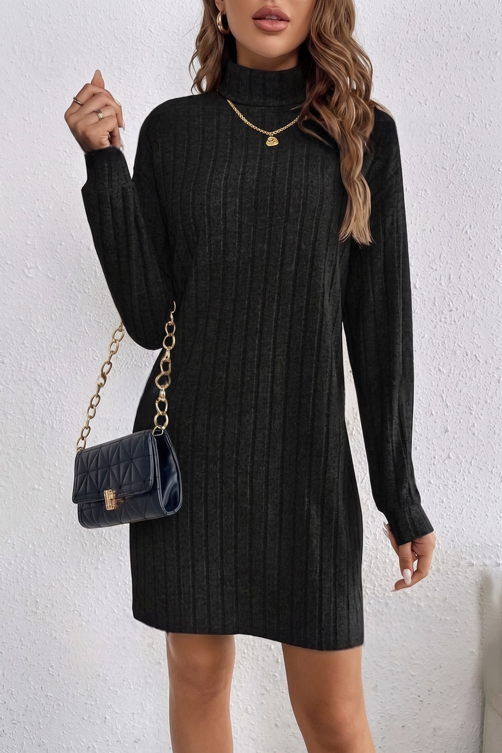 Ribbed Knit Turtleneck Dress - 5