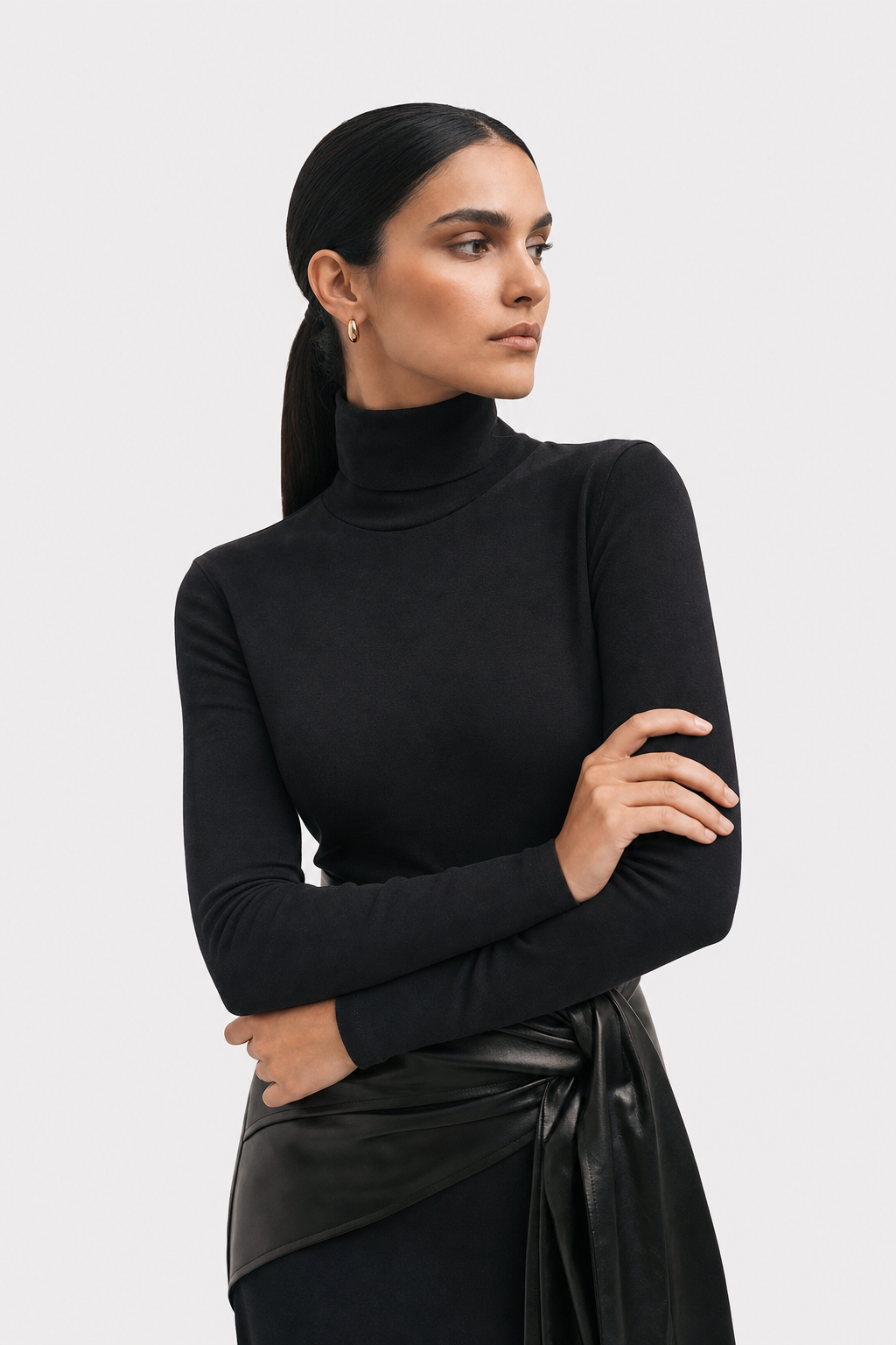 Faux Leather Belted Turtleneck Maxi Dress - view 3