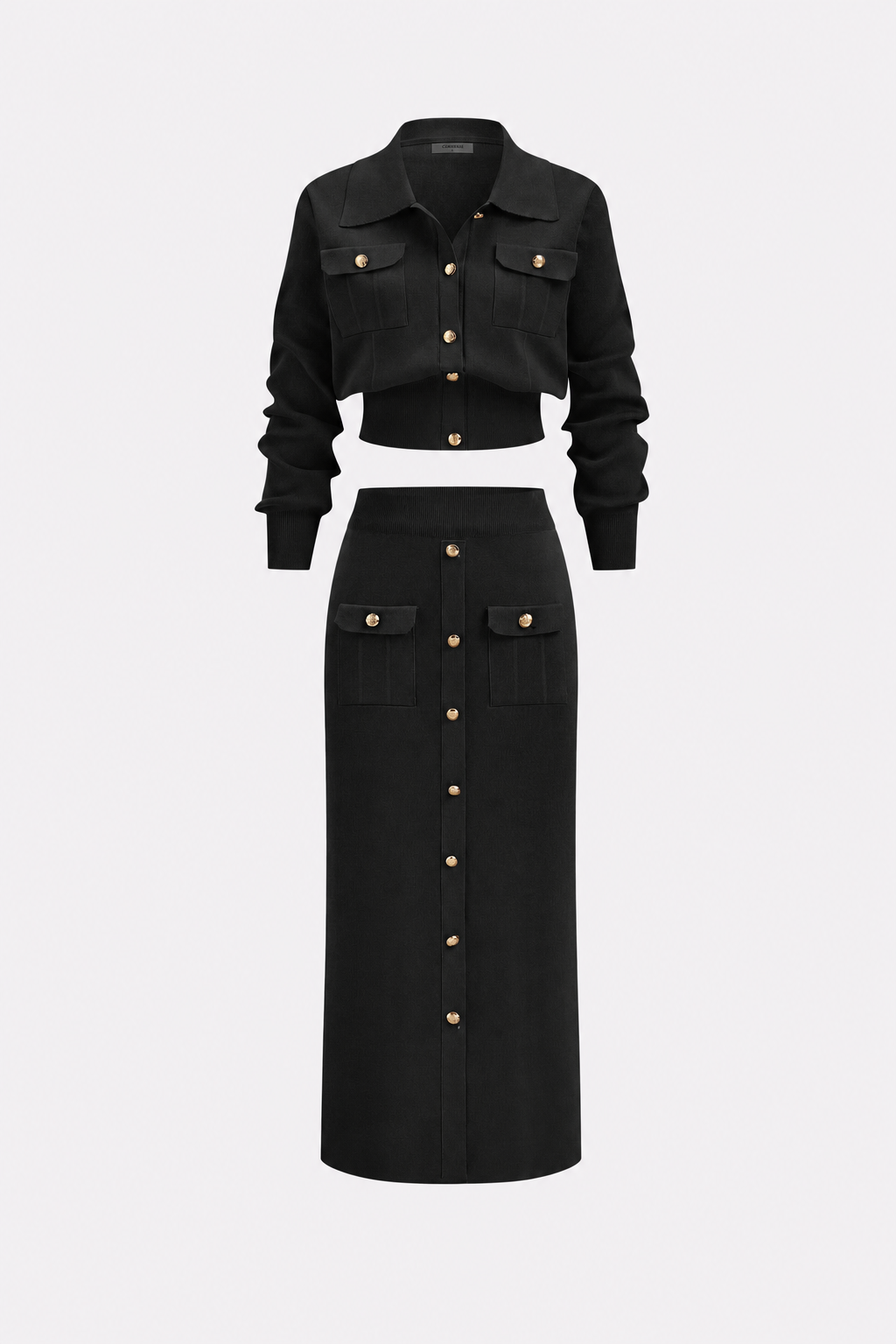 Collared Knit Cardigan and Midi Skirt Set - view 6