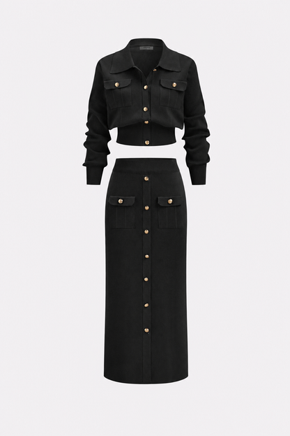 Collared Knit Cardigan and Midi Skirt Set - view 6
