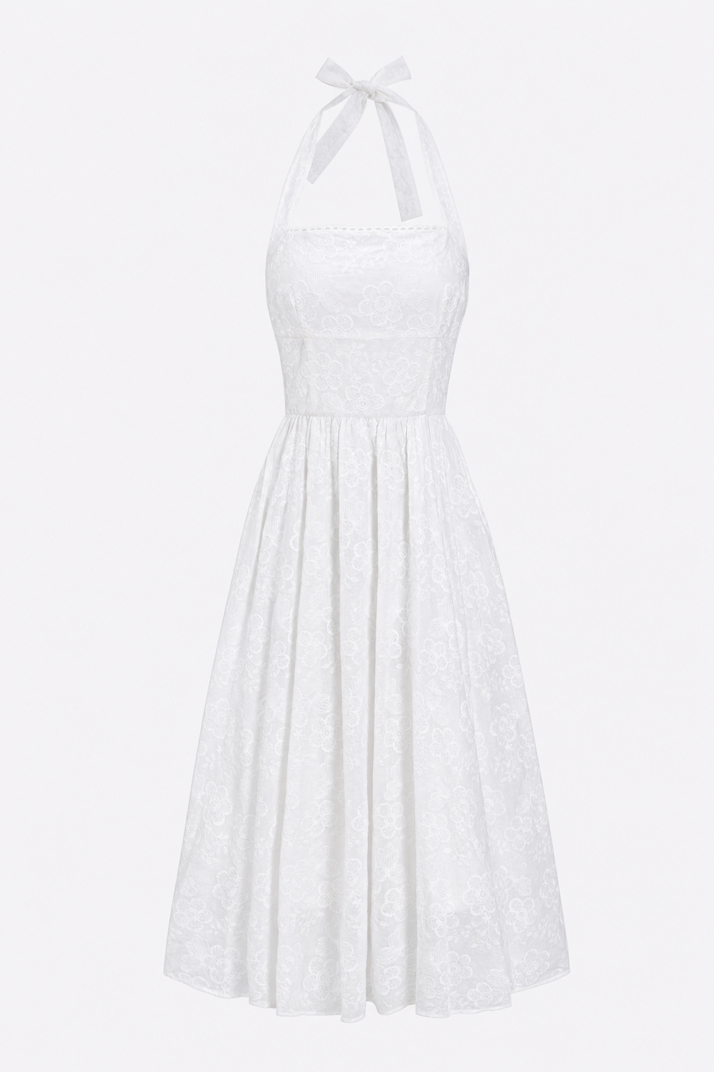 White Cotton Embroidered Halter Midi Dress