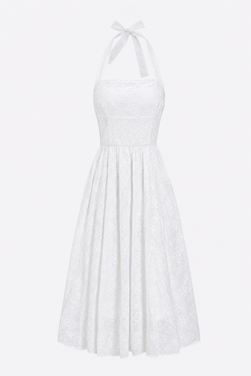 White Cotton Embroidered Halter Midi Dress