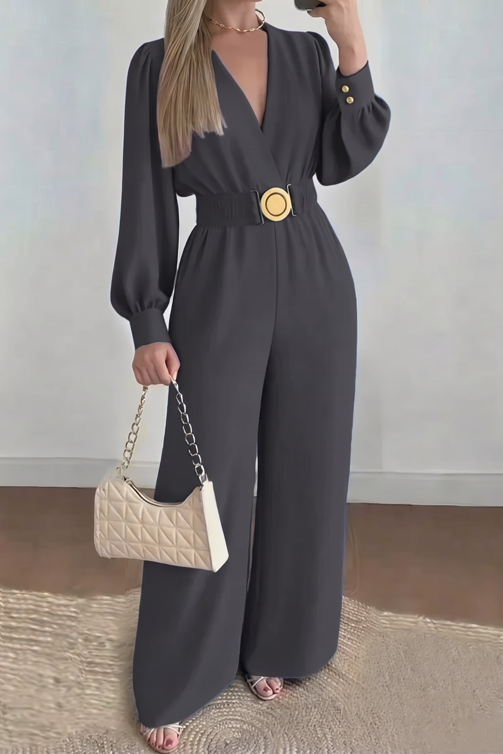 Cotton Long Sleeve Wide Leg Jumpsuit With Belt - 7