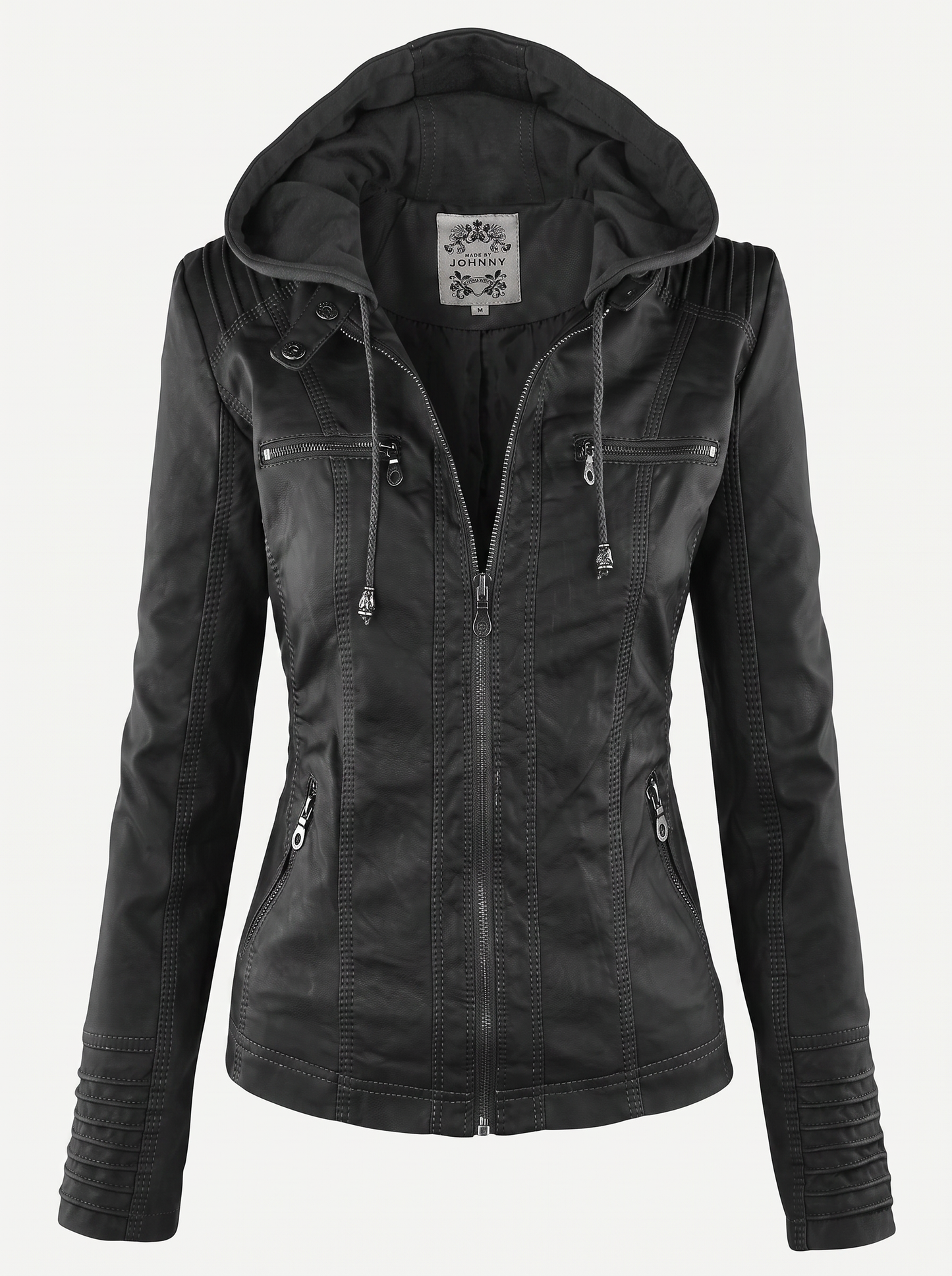 Faux Leather Hooded Moto Jacket, Zip Cuffs