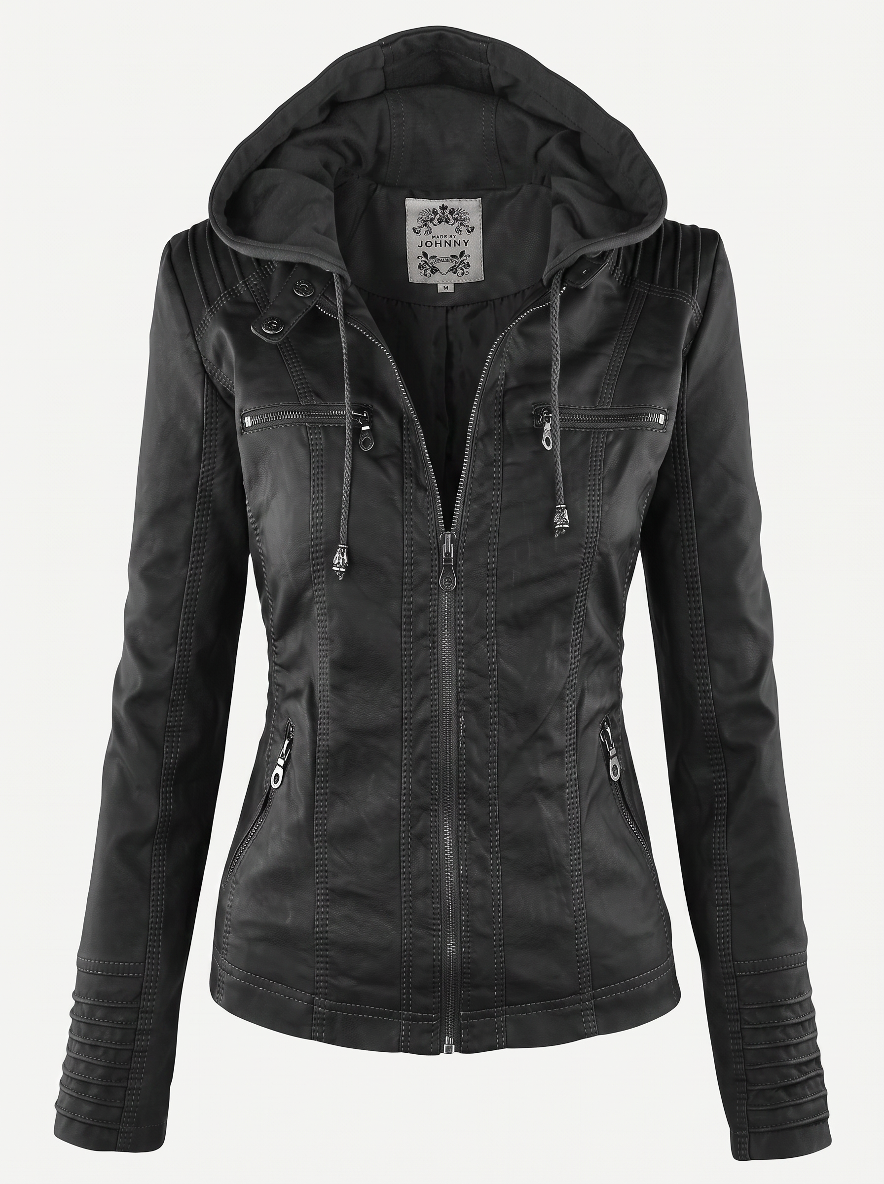 Faux Leather Hooded Moto Jacket, Zip Cuffs