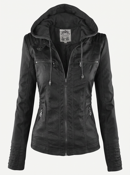 Faux Leather Hooded Moto Jacket, Zip Cuffs