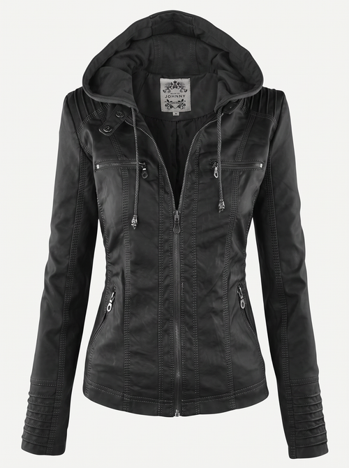 Faux Leather Hooded Moto Jacket, Zip Cuffs