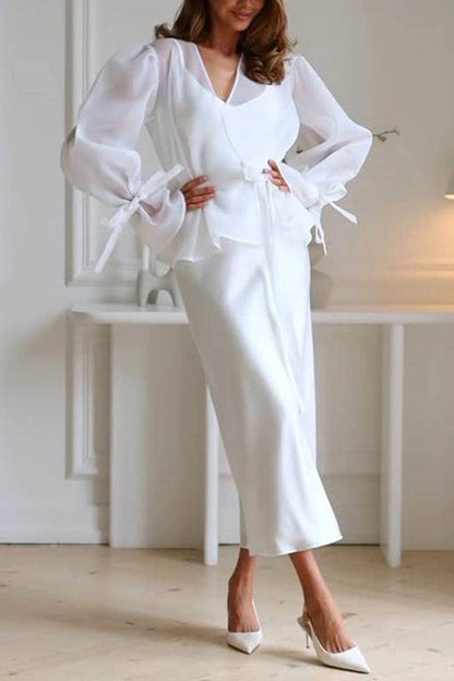 Tulle kimono and satin slip midi dress set - view 5