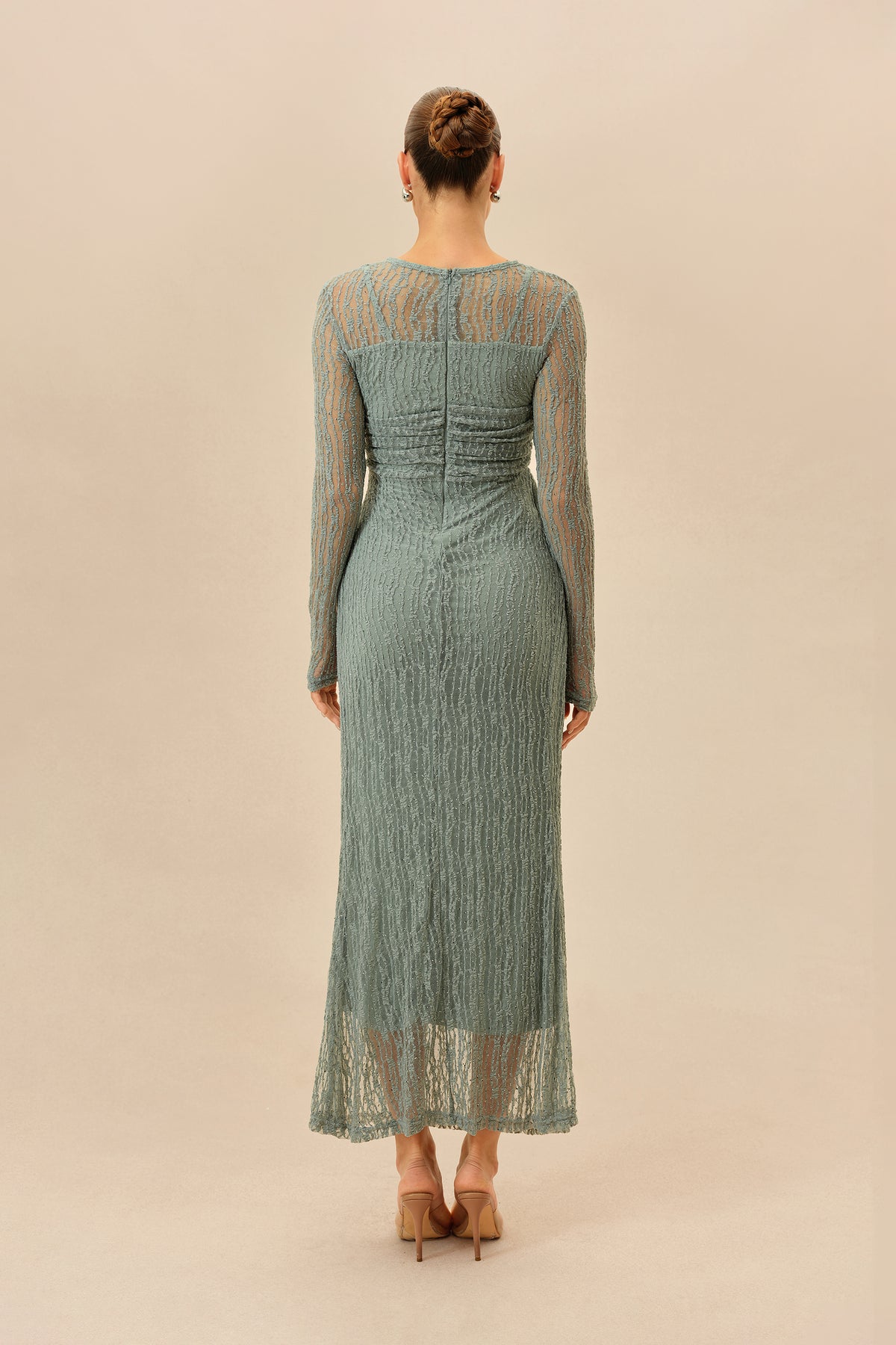 Rhinestone Mesh Maxi Dress With Sheer Sleeves For Evening - 4