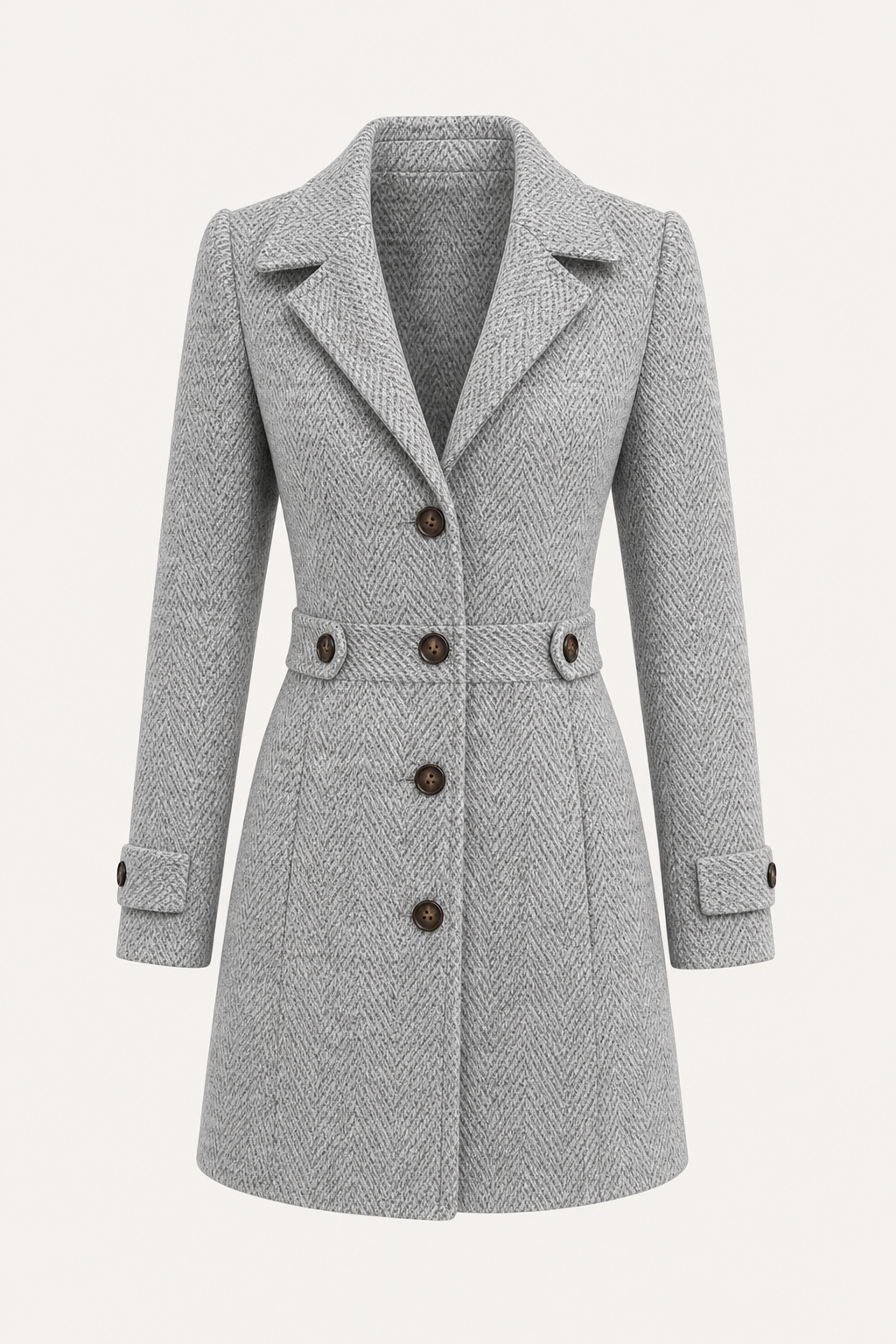 Grey Herringbone Coat with Waist-Defining Fit