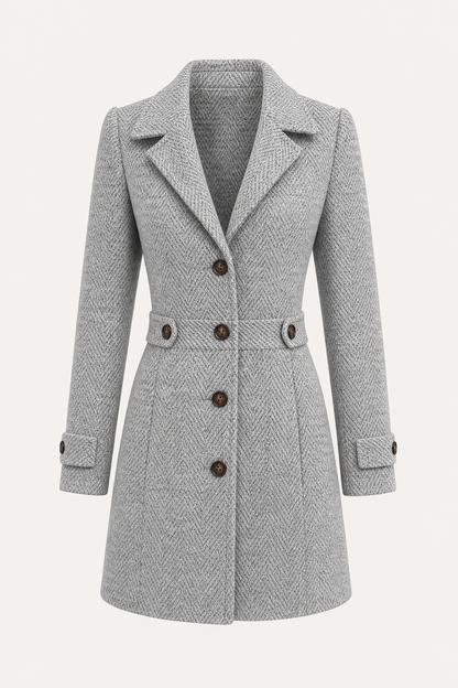 Grey Herringbone Coat with Waist-Defining Fit