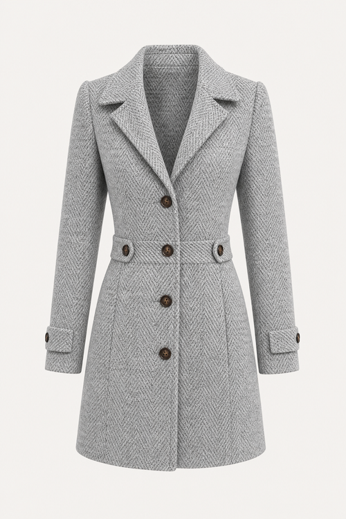 Grey Herringbone Coat with Waist-Defining Fit