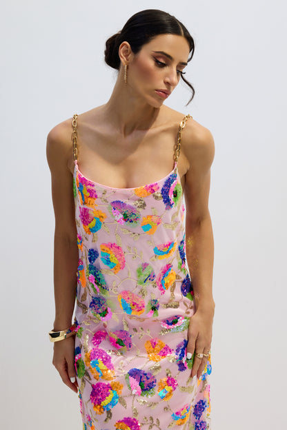 Pink sequin backless maxi dress with shoulder chain - view 3
