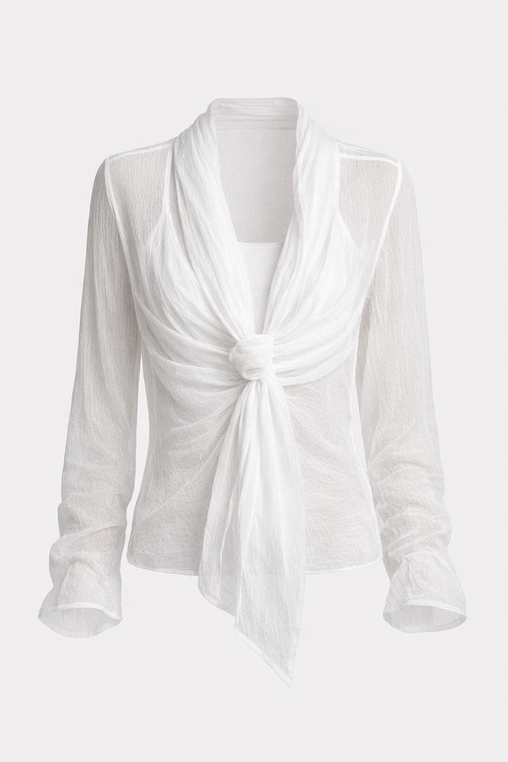 Chiffon Long Sleeve Blouse with Wrap Front Tie - 1