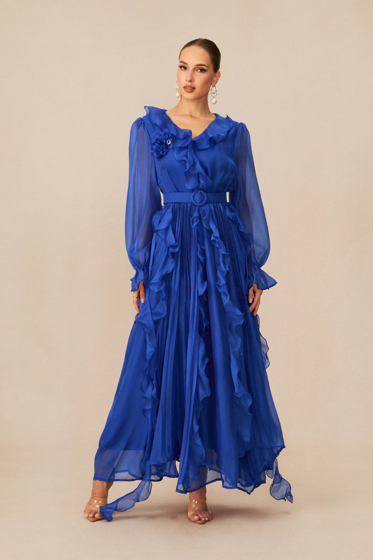 Cobalt Blue Ruffle-Trim Maxi Dress V-Neck Formal Gown - 6